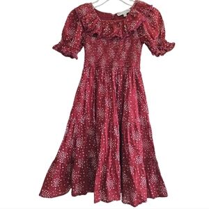 Ivy City Co. Gracie Maroon Patterned Dress Girls 6-7 Cotton Smocked Ruffle Neck